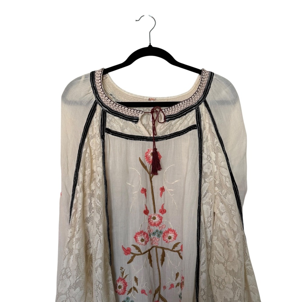 Free People Embroidered Lace Tiger Lily Peasant Blouse Ivory Floral Top M Boho - Picture 4 of 14
